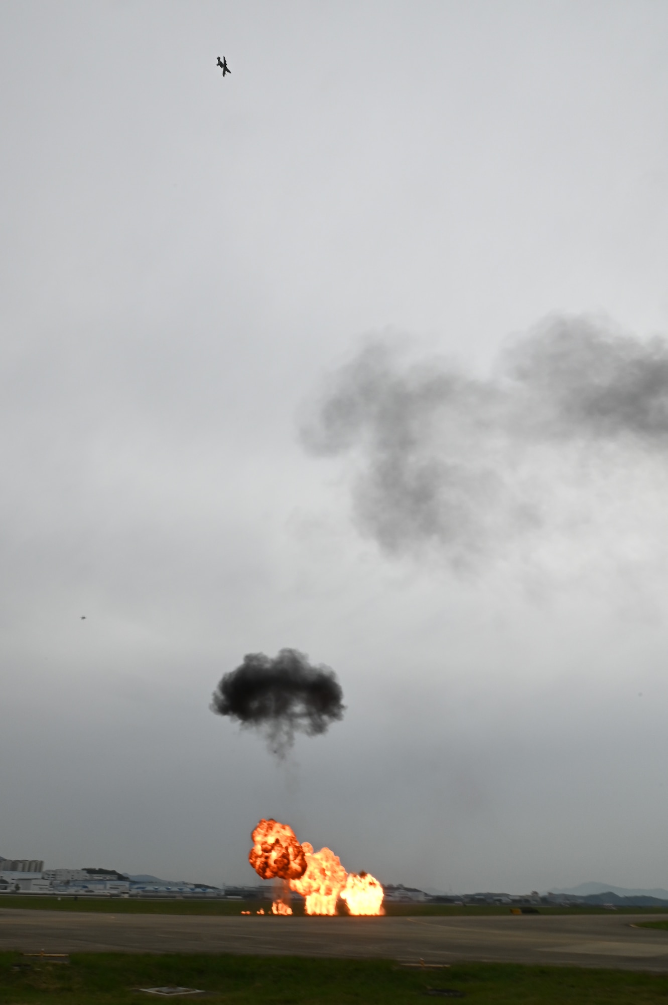 An A-10 Thunderbolt II flies away after striking a target in a combat search and rescue demonstration during the Sacheon Airshow 2024 in Gyeongnam, Republic of Korea, Oct. 27, 2024. Seventh Air Force provided an F-16 Fighting Falcon and A-10 Thunderbolt II aircraft for static displays, and participated in daily combat search and rescue demonstrations with two A-10 aircraft. (U.S. Air Force photo by Master Sgt. Rachelle Coleman)