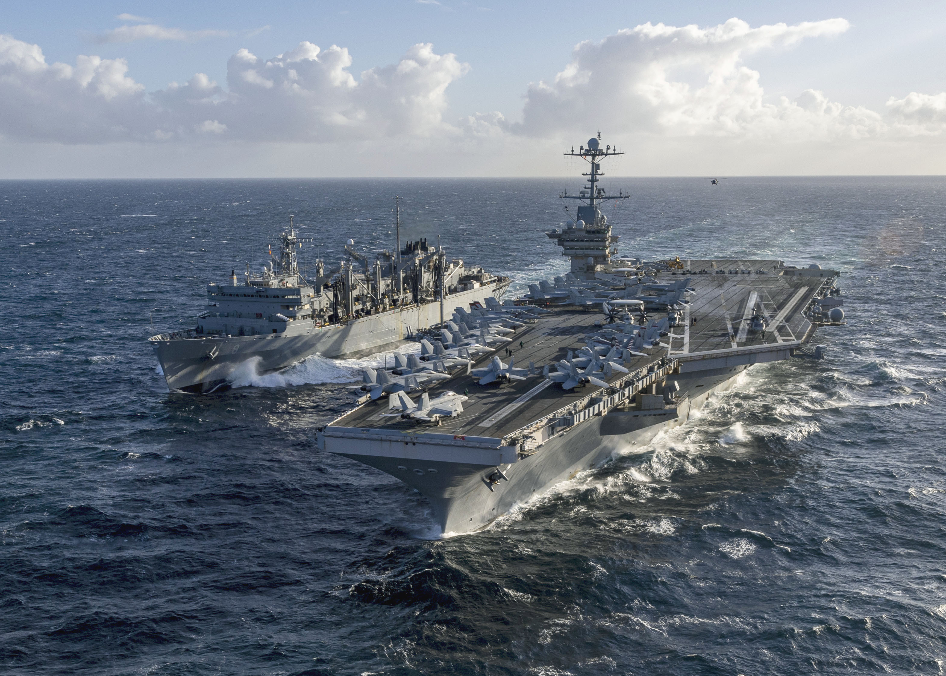 USS Harry S. Truman (CVN 75) replenishes from USNS Arctic (T-AOE 8) in the North Sea during the NATO-led maritime vigilance activity Neptune Strike.