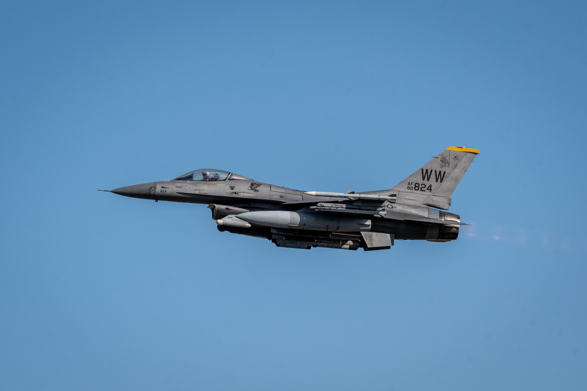 An F-16 Fighting Falcon flies
