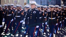 A contingent of more than 300 active and reserve Marines, Marine Corps League members and Leatherneck Pipes & Drums members from the New York area marched in the streets of Manhattan as part of the 250th St. Patrick's Day Parade here, March 17. The Marines marched more than 30 blocks up Fifth Avenue to a shouting and cheering throng of New Yorkers decked out in green for the festivities.