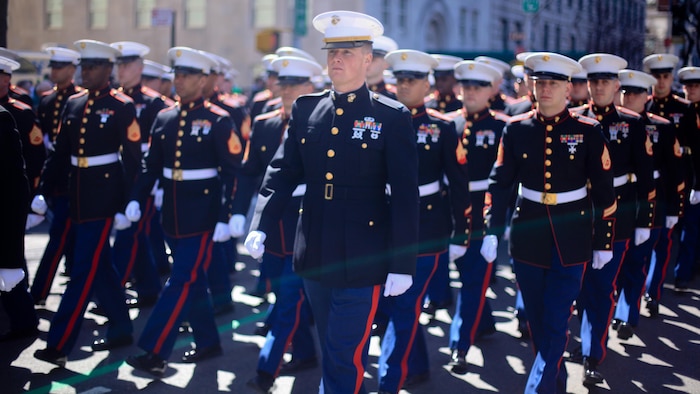A contingent of more than 300 active and reserve Marines, Marine Corps League members and Leatherneck Pipes & Drums members from the New York area marched in the streets of Manhattan as part of the 250th St. Patrick's Day Parade here, March 17. The Marines marched more than 30 blocks up Fifth Avenue to a shouting and cheering throng of New Yorkers decked out in green for the festivities.