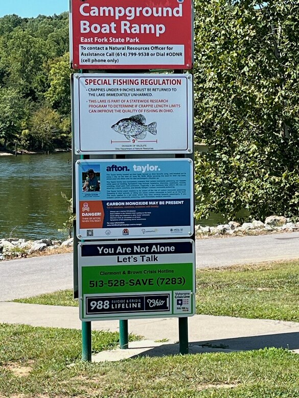 Signs with support information, including the Clermont and Brown County Crisis Line, the 988 Suicide Crisis Line and Crisis Lifeline and the National Verterans Crisis Line were installed throughout the lakes popular areas, including trailheads, boat ramps and recreational areas.