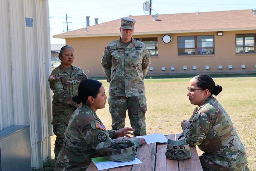 Staff Sgt. Evelyn Rosas-Flores, victim advocate, 17th Sustainment Brigade, participates in a role-play scenario while being observed by Master Sgt. Ochoa Kulualu, sexual assault response coordinator, 17th Sustainment Brigade, and Master Sgt. Nicole Graham, SARC, 1st Theater Sustainment Command. Rosas-Flores is being evaluated on her response to the situation, October 12, 2024, Fort Cavazos, Texas. Throughout the culminating training exercise trainers provided various scenario-driven injects as well as role-play situations which provided immersive training.
