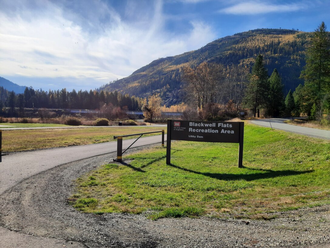 Photo of signage to the Blackwell Flats, one of the recreation areas Libby Dam's park rangers manage. Libby Dam is a multi-purpose water resource development, that provides flood reduction, hydropower, recreation, and environmental stewardship.