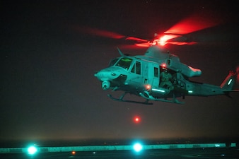 A U.S. Marine Corps UH-1Y Venom helicopter from HMLA-169 prepares to land aboard USS Somerset (LPD 25) during off the coast of Southern California.