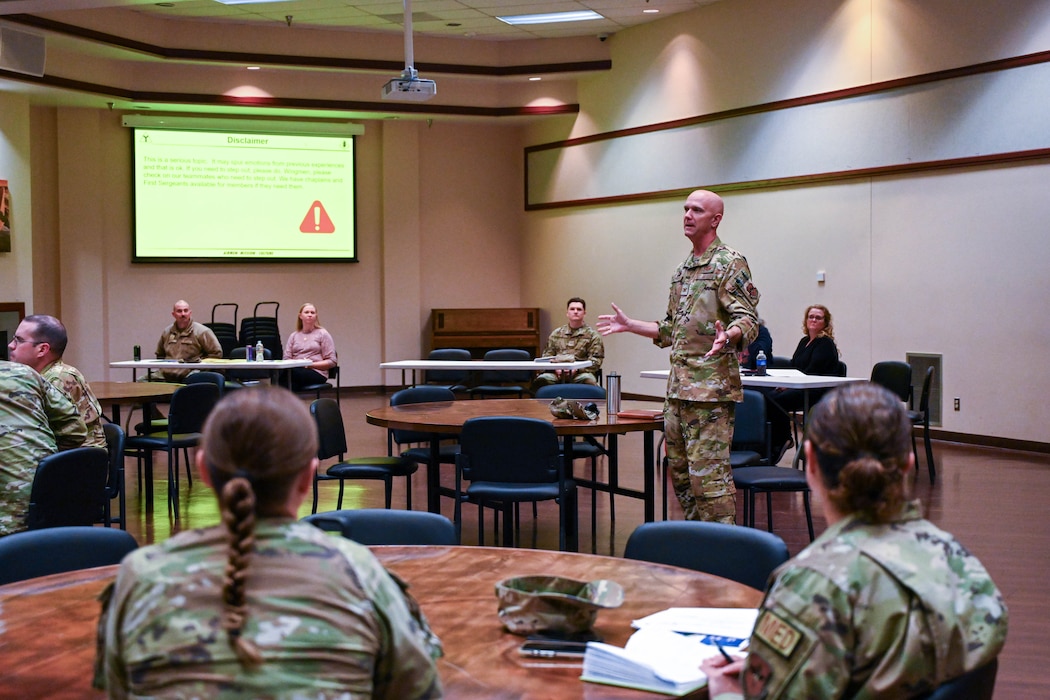 U.S. Air Force Col. Jeff Marshall, 97th Air Mobility Wing commander, addresses leaders from across the 97th Air Mobility Wing during a casualty response exercise at Altus Air Force Base, Oklahoma, Oct. 21, 2023. The exercise gave squadron and group commanders a chance to practice their ability to respond to potential incidents involving fatalities. (U.S. Air Force photo by Senior Airman Miyah Gray)