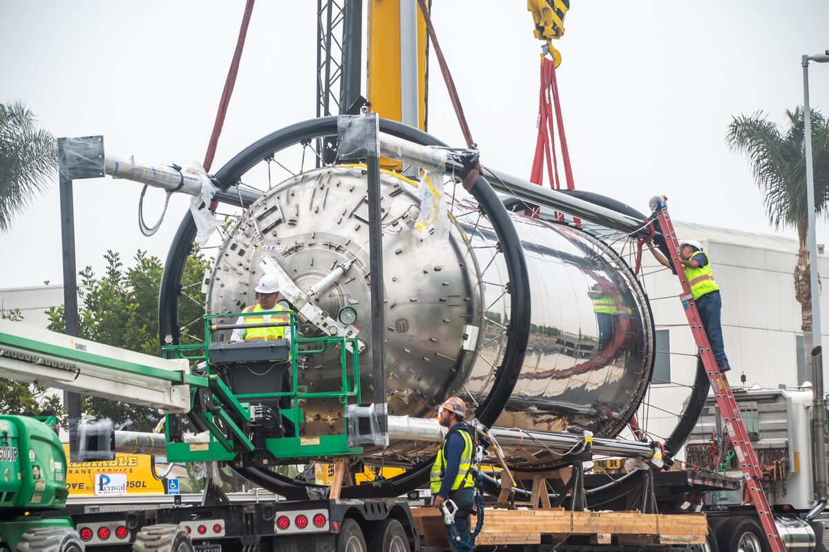 The Centaur III upper stage and its associated RL10 rocket engine used for the exhibit arrives at Los Angeles Air Force Base, Calif., Oct. 5, 2024. The systems being displayed were donated by the United Launch Alliance, the corporate partnership between Lockheed Martin and Boeing that provides satellite launch services for the Department of Defense. (U.S. Space Force photo by Van Ha)
