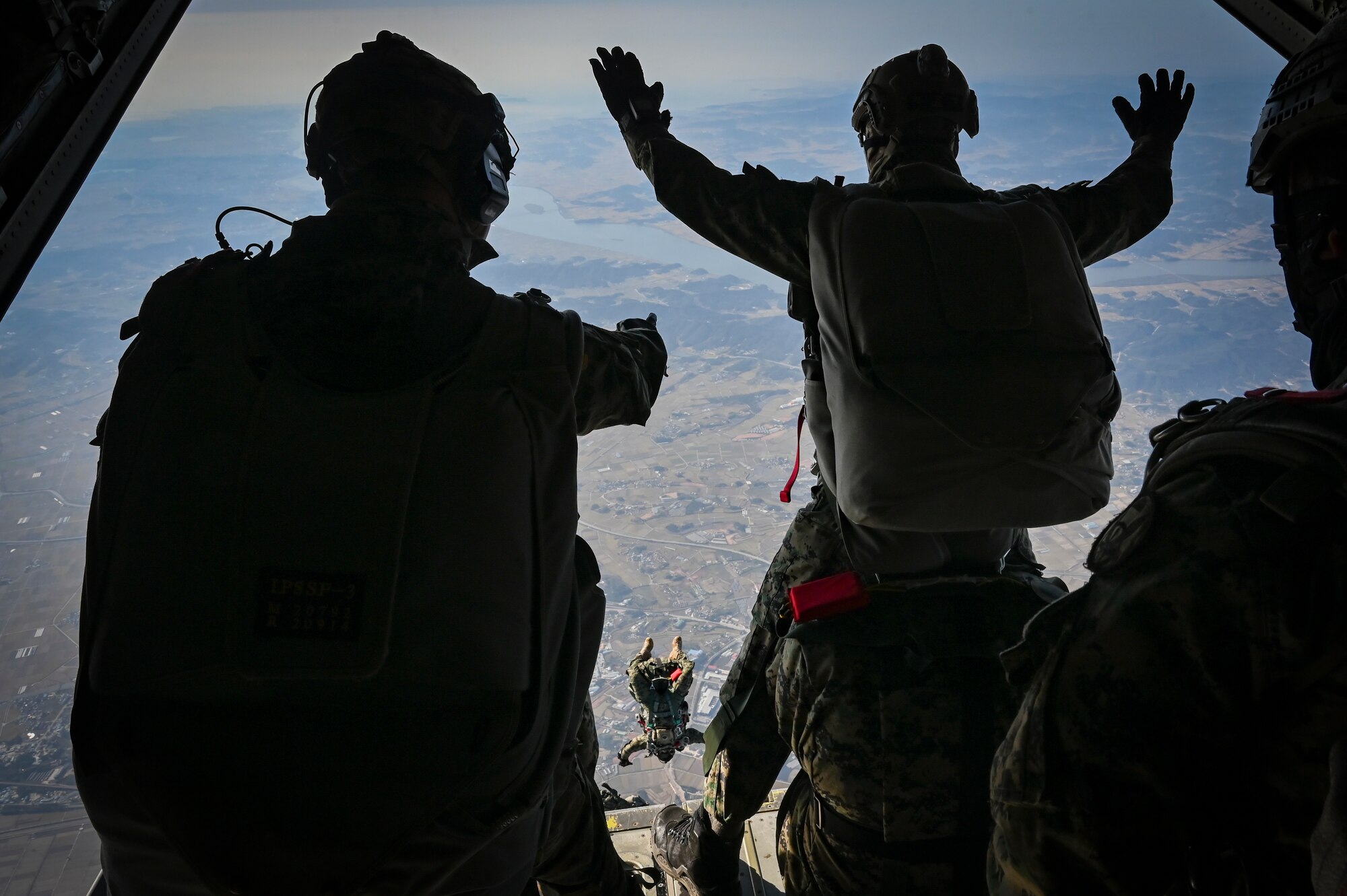 Republic of Korea Special Warfare Command Soldiers assigned to the 1st Special Forces Brigade conduct a high-altitude, high-opening jump from a C-130J Super Hercules assigned to the 36th Airlift Squadron in preparation for Freedom Flag 24-1 at Kunsan Air Base, Republic of Korea.
