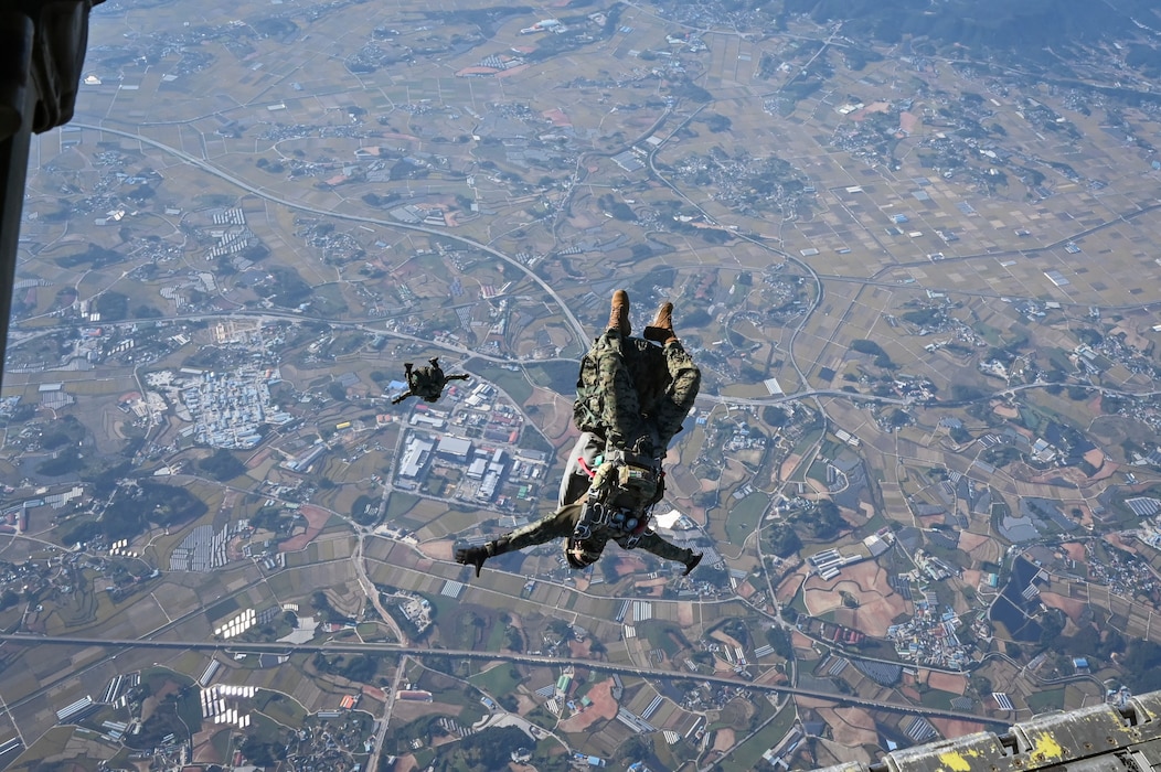 Republic of Korea Special Warfare Command Soldiers from the 1st Special Forces Brigade conduct a high-altitude, high-opening jump from a C-130J Super Hercules assigned to the 36th Airlift Squadron in preparation for Freedom Flag 24-1 at Kunsan Air Base.