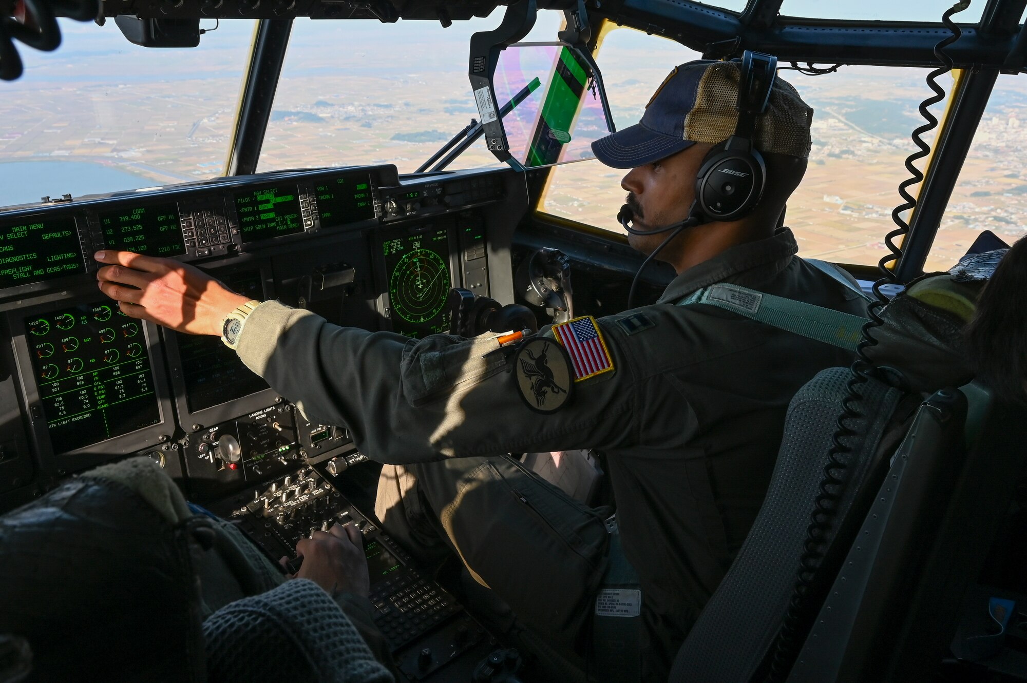 U.S. Air Force Capt. Brendan King, 36th Airlift Squadron C-130J Super Hercules pilot, flies a C-130J Super Hercules aircraft during high-altitude, high-opening proficiency jump training in preparation for Freedom Flag 24-1 at Kunsan Air Base, Republic of Korea.