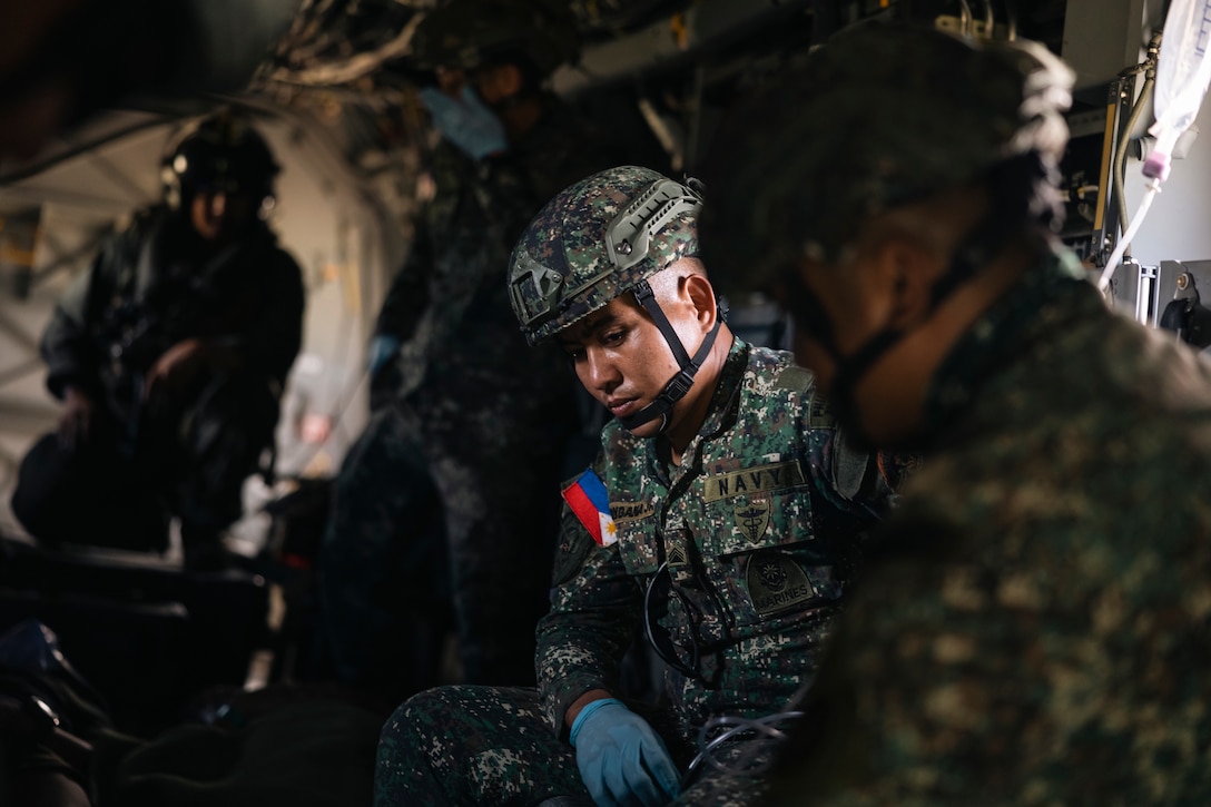 A Philippine Marine with 4th Marine Brigade conducts a humanitarian aid and disaster relief demonstration during KAMANDAG 8 at Camp Cape Bojeador, Burgos, Philippines, Oct. 20, 2024. KAMANDAG is an annual Philippine and U.S. Marine Corps-led exercise aimed at enhancing the Armed Forces of the Philippines’ defense and humanitarian capabilities by providing valuable training in combined operations with foreign militaries in the advancement of a Free and Open Indo-Pacific. This year marks the eighth iteration of this exercise and includes participants from the French Armed Forces, Royal Thai Marine Corps, and Indonesian Marine Corps; including continued participation from the Australian Defense Force, British Armed Forces, Japan Ground Self-Defense Force, and Republic of Korea Marine Corps. (U.S. Marine Corps photo by Sgt. Shaina Jupiter)