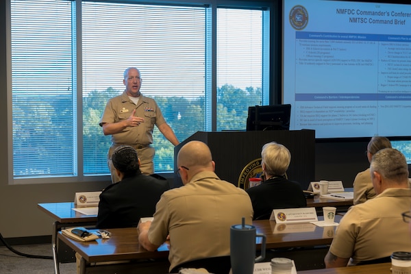 Capt. Richard B. Lawrence, commanding officer of the Navy Medicine Training Support Command, addresses attendees at this year's Naval Medical Forces Development Command annual commander's conference at Joint Base San Antonio, Texas, Oct. 22-23, 2024. The conference brought NMFDC Region leaders together to discuss how the can leverage innovation and technology to better develop and deliver trained medical forces to the U.S. Navy. (U.S. Navy photo by Malcolm McClendon)