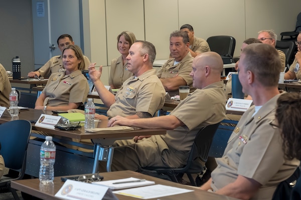 Capt. Kennett Radford, executive officer of the Naval Medical Leader and Professional Development Command, participates in the Naval Medical Forces Development Command’s annual commander's conference at Joint Base San Antonio, Texas, Oct. 22-23, 2024. The conference brought NMFDC Region leaders together to discuss how they can leverage innovation and technology to better develop and deliver trained medical forces to the U.S. Navy. (U.S. Navy photo by Malcolm McClendon)