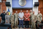 Palau President Surangel Whipps Jr., center, meets with Guam Lt. Gov. Joshua Tenorio and members of the Guam National Guard in Koror, Palau, Oct. 29, 2024. The Guam National Guard and Palau held their inaugural State Partnership Program event in Palau, sharing best practices in emergency management and planning, communications, disaster response, and more.