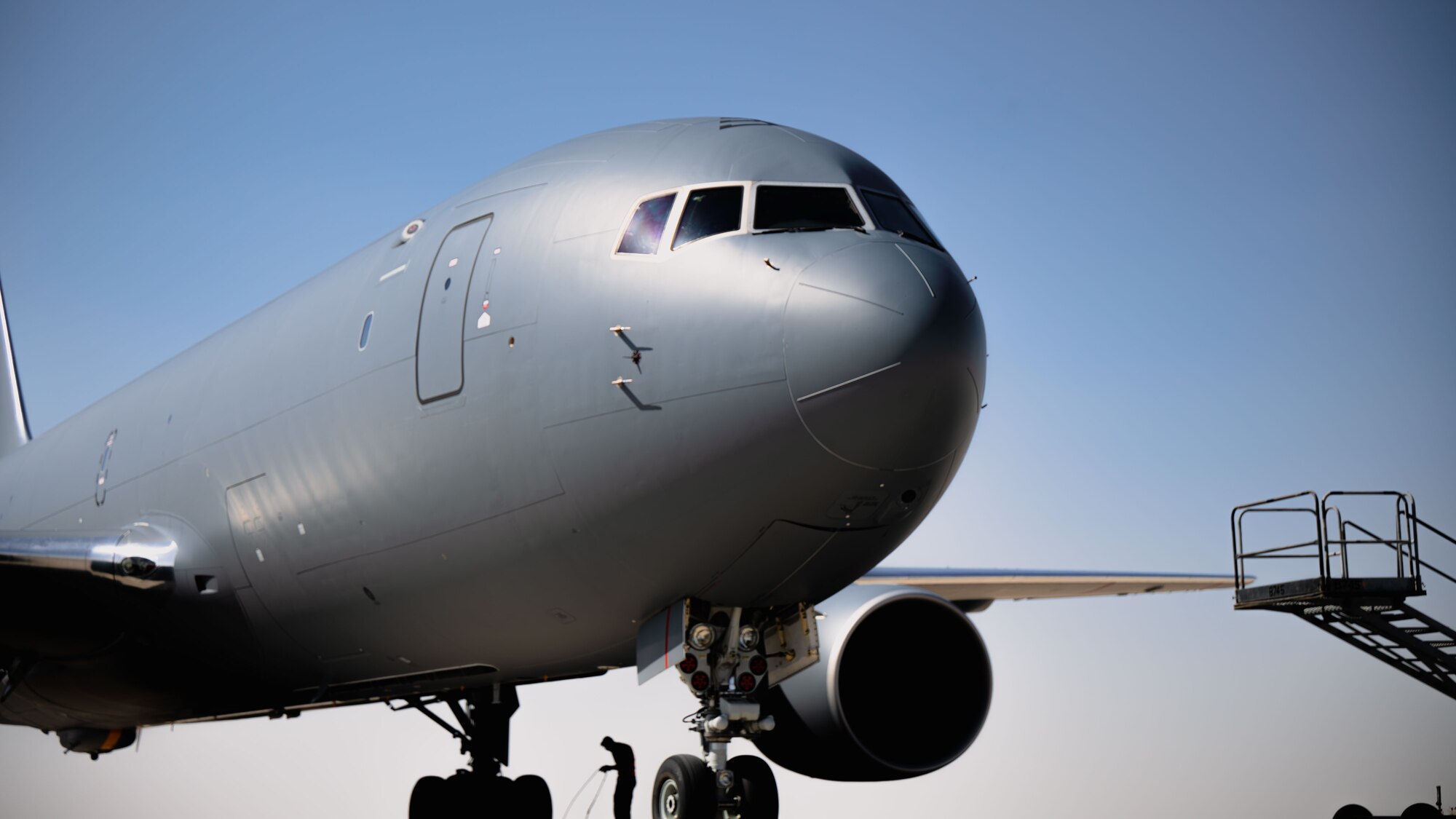 A KC-46A Pegasus sits on a flightline.