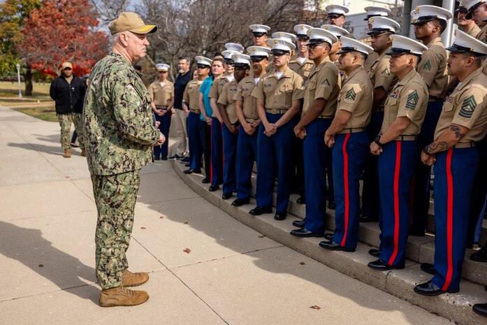 U.S. Navy Adm. Christopher Grady, Vice Chairman of the Joint Chiefs of Staff, speaks to Marines during a visit to 9th Marine Corps District Headquarters, at Naval Station Great Lakes, Ill., Oct. 30, 2024. Adm. Grady made the visit to discuss and receive a briefing about the recruiting mission in the Midwestern United States, as well as to recognize outstanding Marines within the district headquarters. (U.S. Marine Corps photo by Cpl. Maxwell Cook)