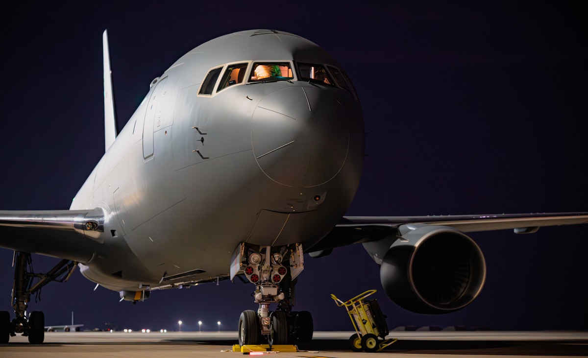 KC-46 Pegasus sits on flightline.