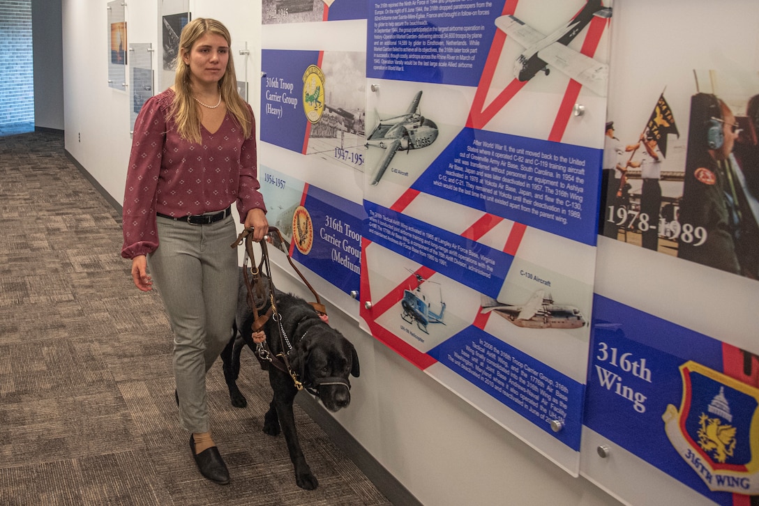 Charlie, Meaghan M. Kacmarcik’s service dog, guides her through the Jones Building at Joint Base Andrews, Md., Oct. 24, 2024. Kacmarcik, who has been the 316th Wing deputy historian since January 2024, was diagnosed with Stargardt disease when she was 10 years old, and it has left her with vision impairment to this day. (U.S. Air Force photo by Patrick Griffith)