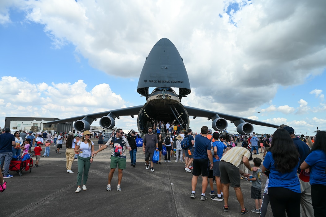 Guests at the Wings Over Houston Airshow get a rare opportunity to go inside a 433rd Airlift Wing C-5M Super Galaxy at Ellington Airport, Houston, Texas Oct. 26, 2024.