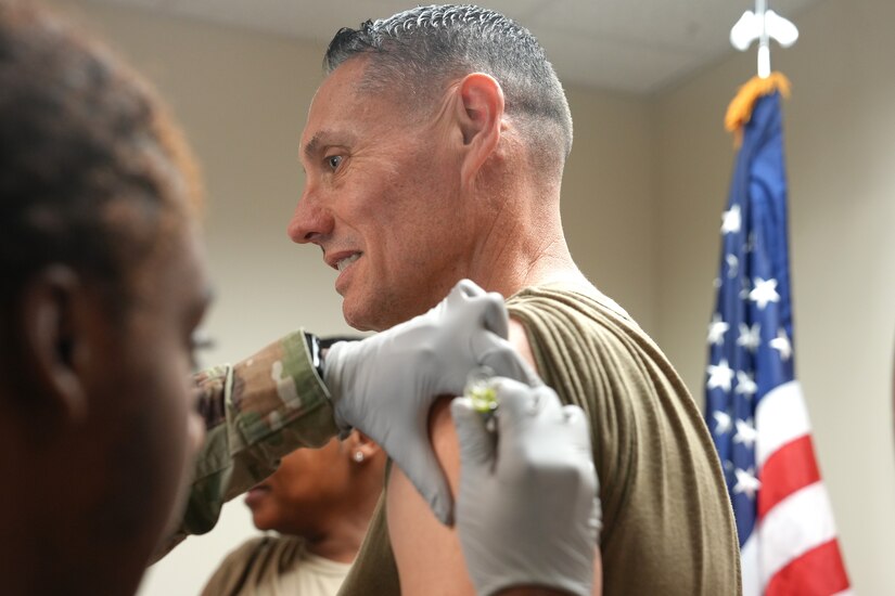 A Soldier receives their flu vaccine.