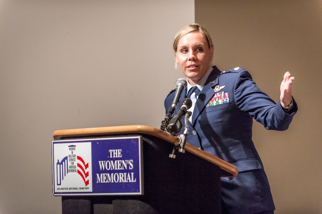 Lt. Col. Caroline Jensen, USAFR, makes remarks during a memorial service, at the Women in Military Service for America Memorial, for Elaine Danforth Harmon, who served as a Women Airforce Service Pilot (WASP) during World War II, after her burial with full military honors at Arlington National Cemetery, Sept. 7, 2016.