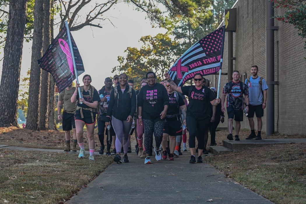 Members of Team Little Rock participate in a ruck for Breast Cancer Awareness Month at Little Rock Air Force Base, Arkansas, Oct. 25, 2024. There are currently over four million breast cancer survivors in the United States.