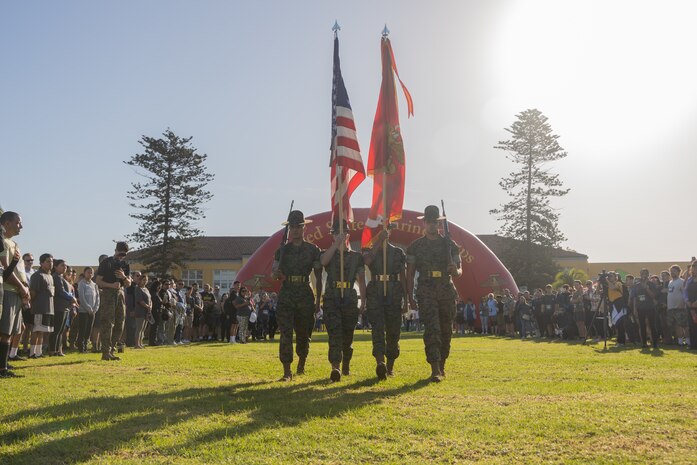 U.S. Marines with the Marine Corps Recruit Depot San Diego color guard, march on the colors prior to the 2024 Marine Corps Recruit Depot San Diego Boot Camp Challenge at MCRD San Diego, California, Oct. 19, 2024. For the past 23 years, MCRD San Diego has hosted the bootcamp Challenge, a three-mile obstacle course race guided by 60 drill instructors that highlights the physical and mental demands of bootcamp. The event fosters camaraderie and community engagement through interaction with MCRD personnel. (U.S. Marine Corps photo by Lance Cpl. Janell B. Alvarez)