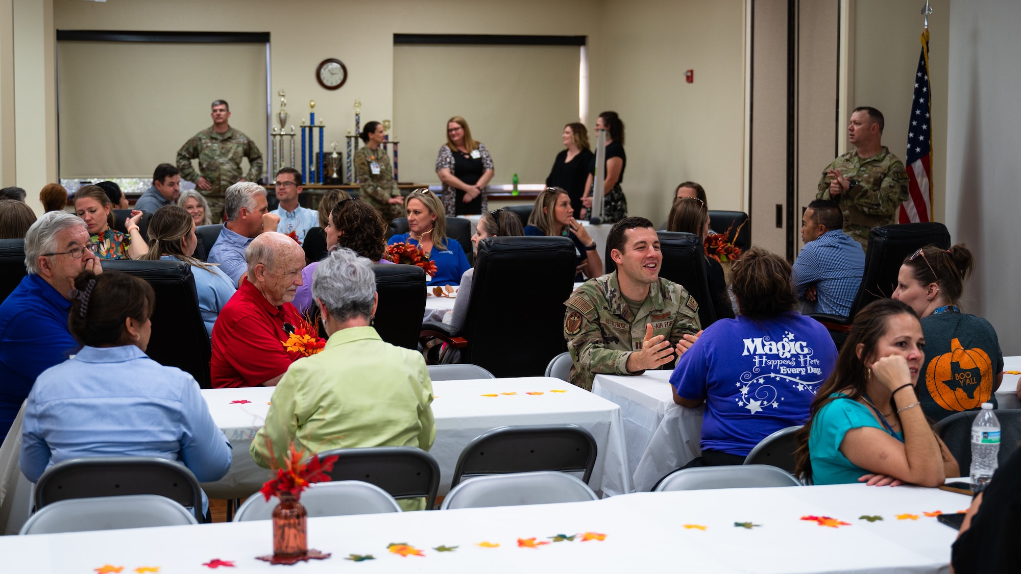 Members from the 7th Medical Group speak with Abilene medical personnel at Dyess Air Force Base, Texas, Oct. 25, 2024. Abilene medical personnel received a base tour, presentation and a symposium to speak with members from the 7th MDG. (U.S. Air Force photo by Airman 1st Class Jade M. Caldwell)