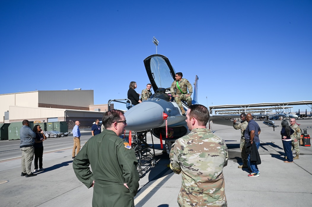 16 Greater San Antonio area civic leaders learn about the 926th Wing F-16 Fighting Falcon missions on the flightline at Nellis Air Force Base, Nevada, Oct. 23, 2024.