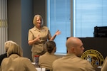 Capt. Lisa Gittleman, Naval Medical Forces Development Command-Reserves, addresses attendees at this year's Naval Medical Forces Development Command annual commander's conference at Joint Base San Antonio, Texas, Oct. 22-23, 2024. The conference brought NMFDC Region leaders together to discuss how the can leverage innovation and technology to better develop and deliver trained medical forces to the U.S. Navy. (U.S. Navy photo by Malcolm McClendon)