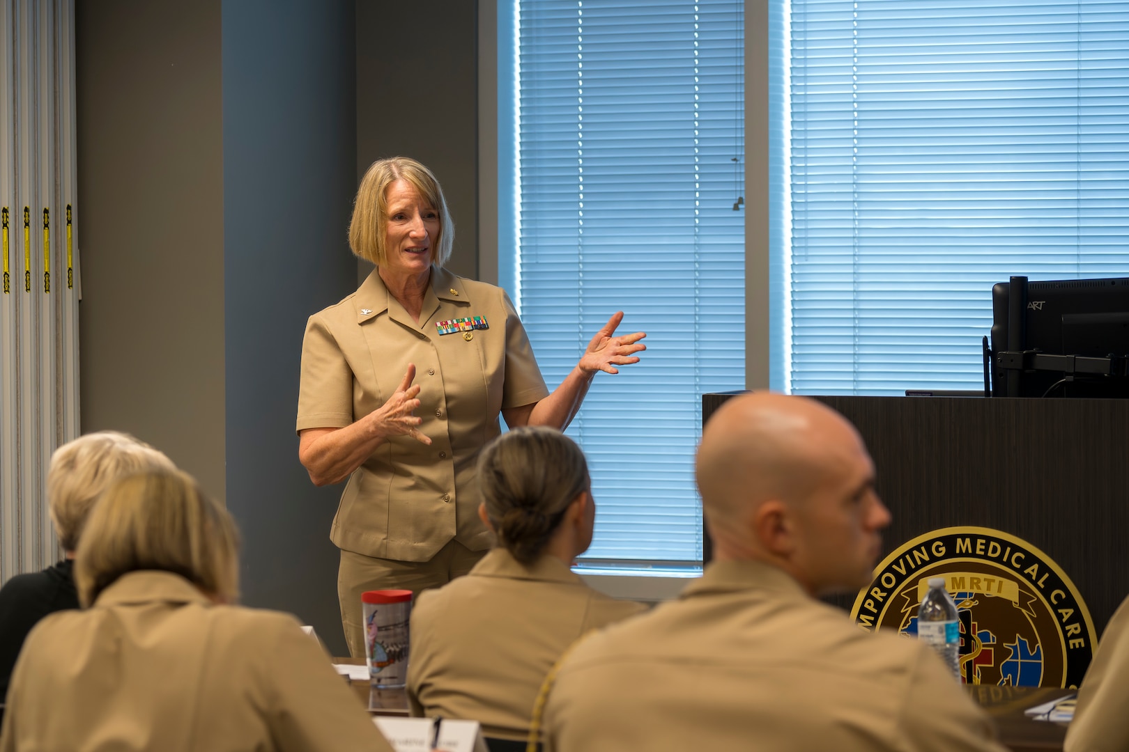 Capt. Lisa Gittleman, Naval Medical Forces Development Command-Reserves, addresses attendees at this year's Naval Medical Forces Development Command annual commander's conference at Joint Base San Antonio, Texas, Oct. 22-23, 2024. The conference brought NMFDC Region leaders together to discuss how the can leverage innovation and technology to better develop and deliver trained medical forces to the U.S. Navy. (U.S. Navy photo by Malcolm McClendon)