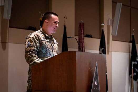  U.S. Space Force Col. Ernest “Bobby” Schmitt, Space Delta 4 commander, delivers remarks during the MD 4 redesignation ceremony, Oct. 30, 2024. Mission Deltas oversee all aspects of mission area functions – people, training, equipment and combat sustainment.