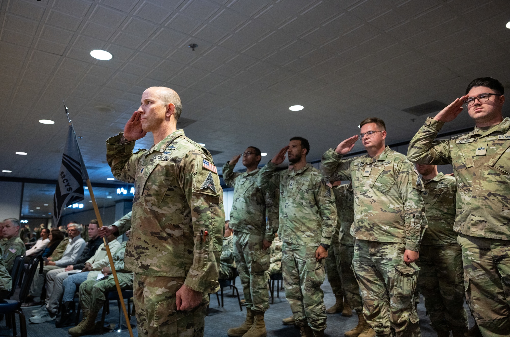 Servicemembers from the 82nd Cyberspace Systems Squadron render a first salute to U.S. Space Force Col. Raj Agrawal, Mission Delta 2 commander, during the MD 2 redesignation ceremony, Oct. 31, 2024. Mission Deltas oversee all aspects of mission area functions – people, training, equipment and combat sustainment.