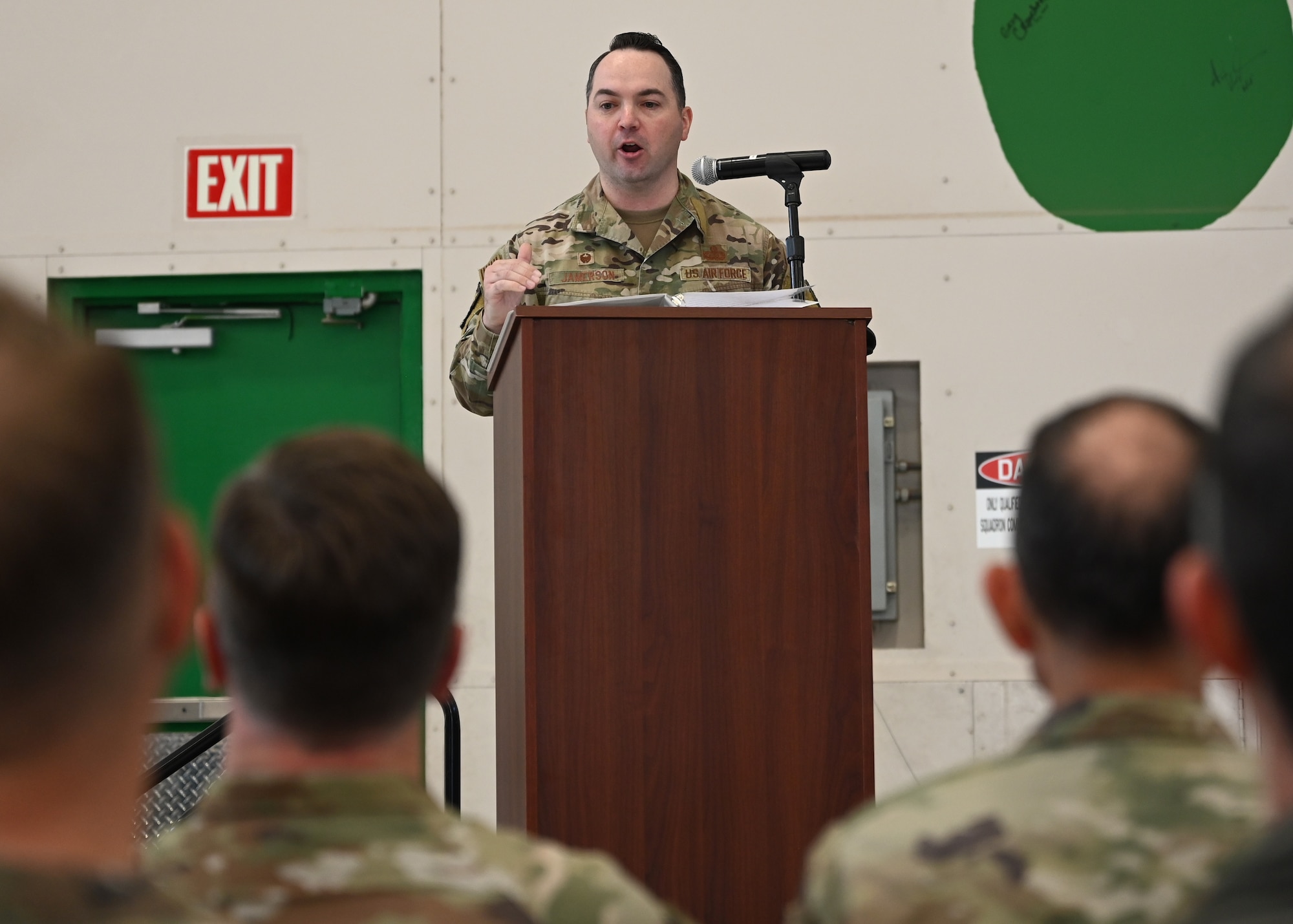 U.S. Air Force Lt. Col. Daniel Jamerson, 11th Combat Air Base Squadron commander, speaks at the activation and assumption of command for the 11th CABS at Davis-Monthan Air Force Base, Arizona, Oct. 31, 2024. Jamerson spoke of what his command tour would hold and promised to always give his all. (U.S. Air Force photo by Staff Sgt. Abbey Rieves)