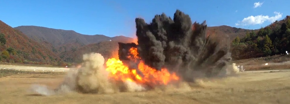 A simulated static target explodes after being struck by a GBU-12 during combined Republic of Korea and U.S. air forces precision strike training as part of Freedom Flag 24-1.