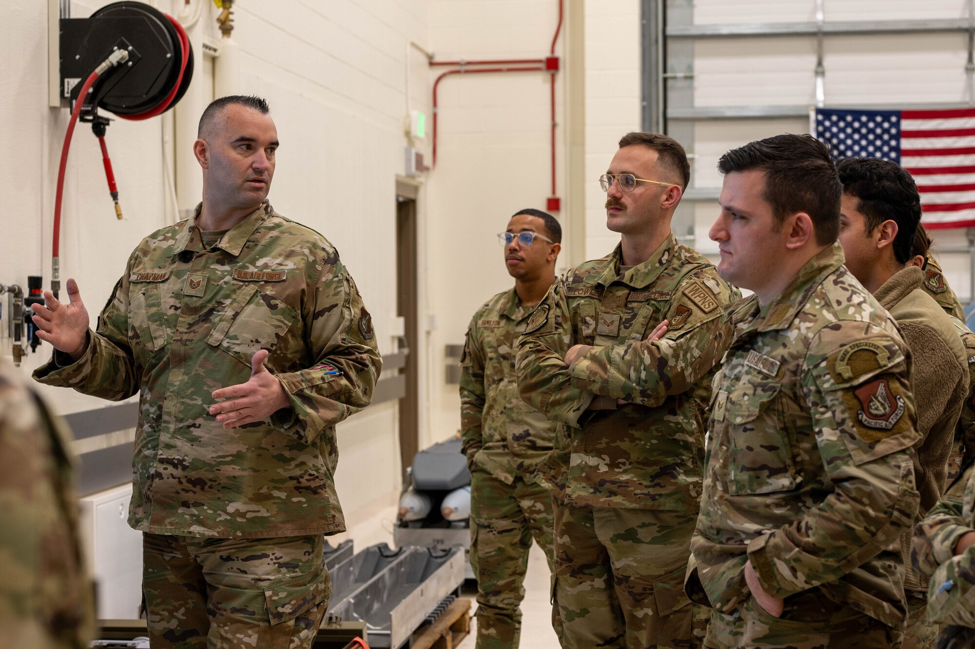U.S. Air Force Tech. Sgt. Andrew Chapman, 354th Munitions Squadron training section chief, conducts a safety brief to Airman Leadership School class 25-1 students at Eielson Air Force Base, Alaska, Oct. 28, 2024.