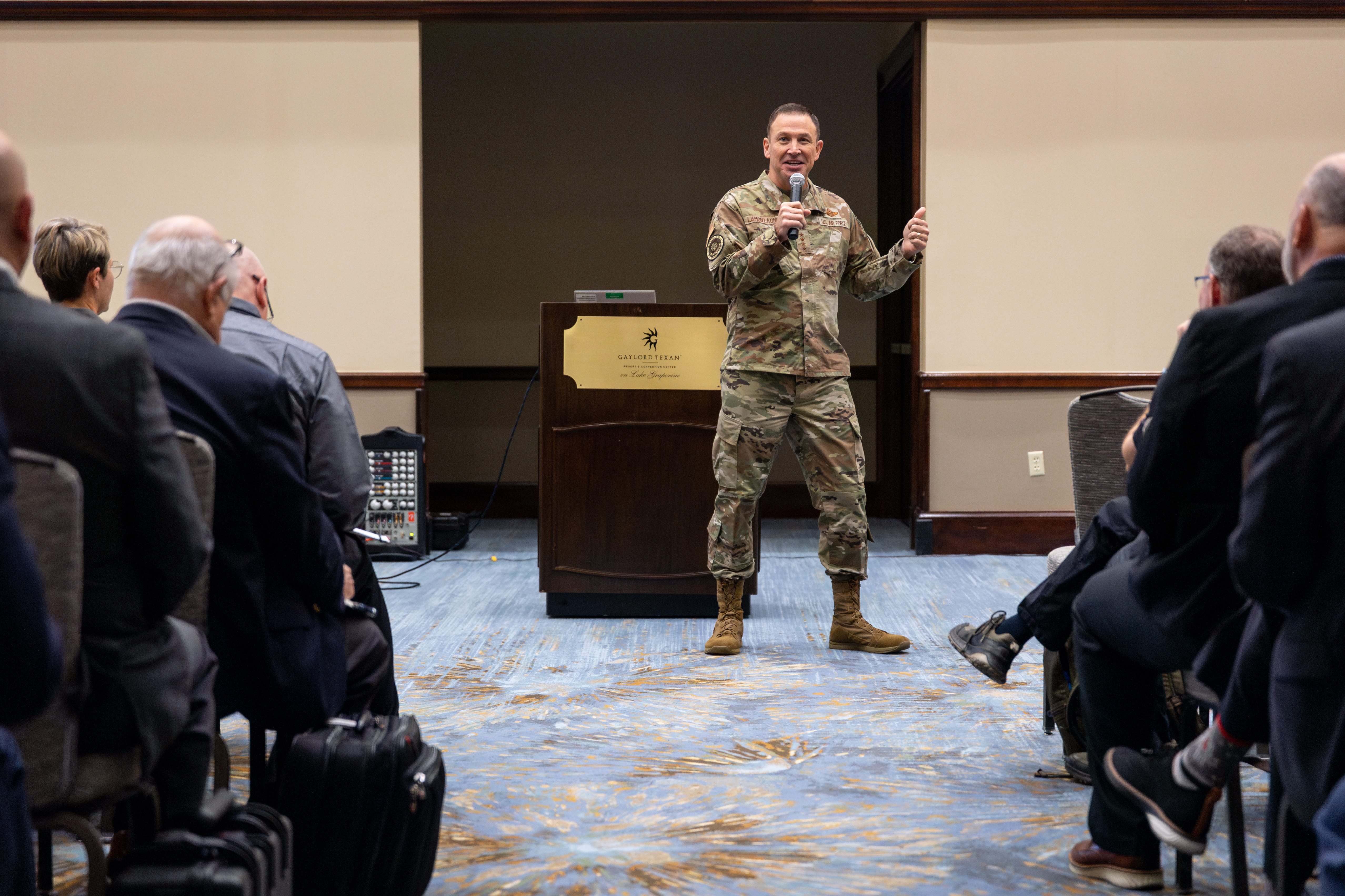 U.S. Air Force Gen. Johnny Lamontagne, Air Mobility Command commander, delivers remarks to industry representatives during the Fall Industry Preview Oct. 30, 2024, Grapevine, Texas. Fall Industry Preview provides a platform for industry partners to present AMC leaders potential advancements and solutions, strengthening partnerships to prevail in an era of Great Power Competition. (U.S. Air Force photo by Chris Bishop)
