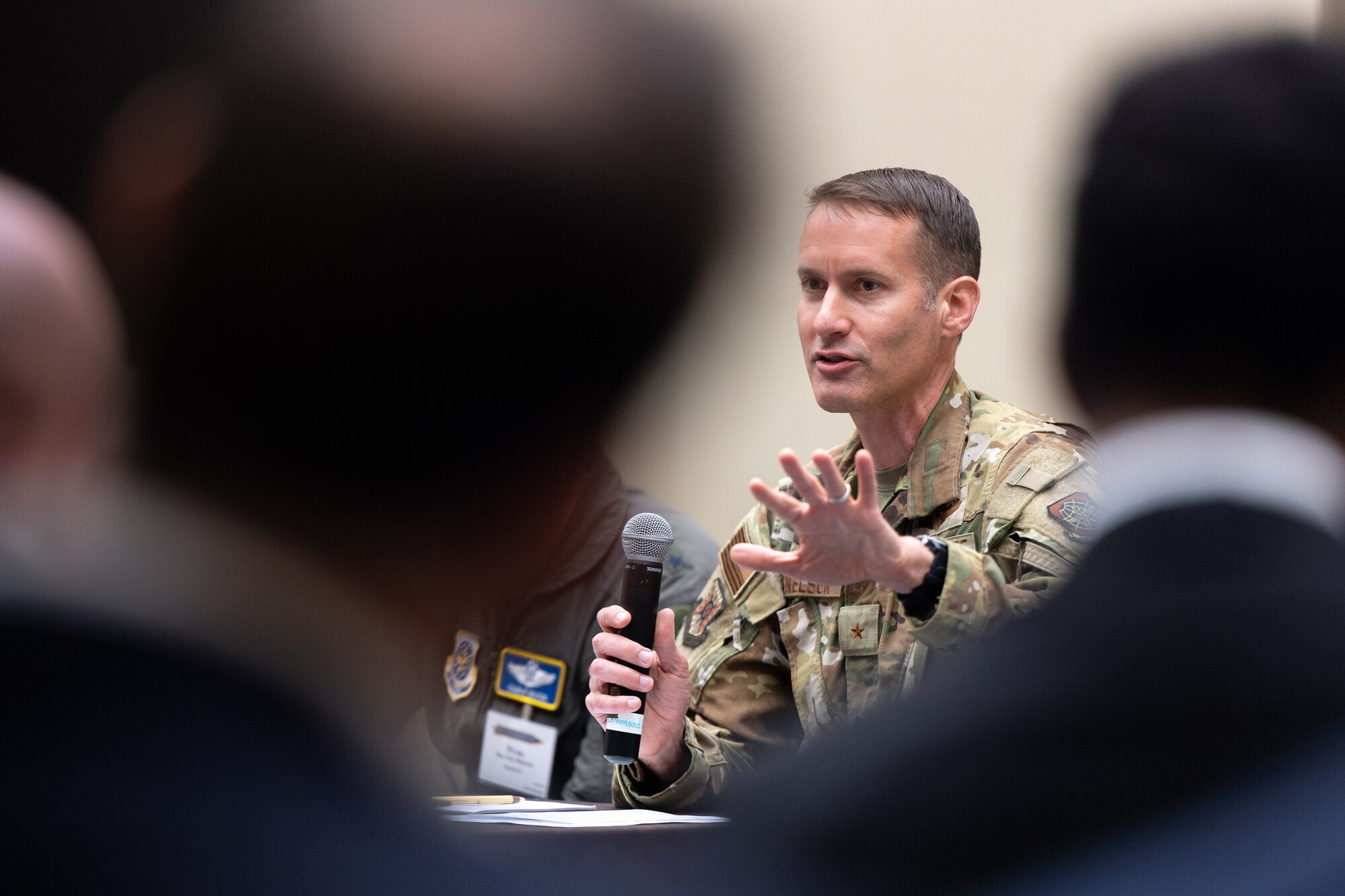 U.S. Air Force photo Brig. Gen. Stephen Snelson, Air Force Expeditionary Center commander, talks on a panel with other Air Mobility Command leaders during the Fall Industry Preview Oct. 31, 2024, in Grapevine, Texas. Fall Industry Preview provides a platform for industry partners to present AMC leaders potential advancements and solutions, strengthening partnerships to prevail in an era of Great Power Competition. (U.S. Air Force photo by Chris Bishop)