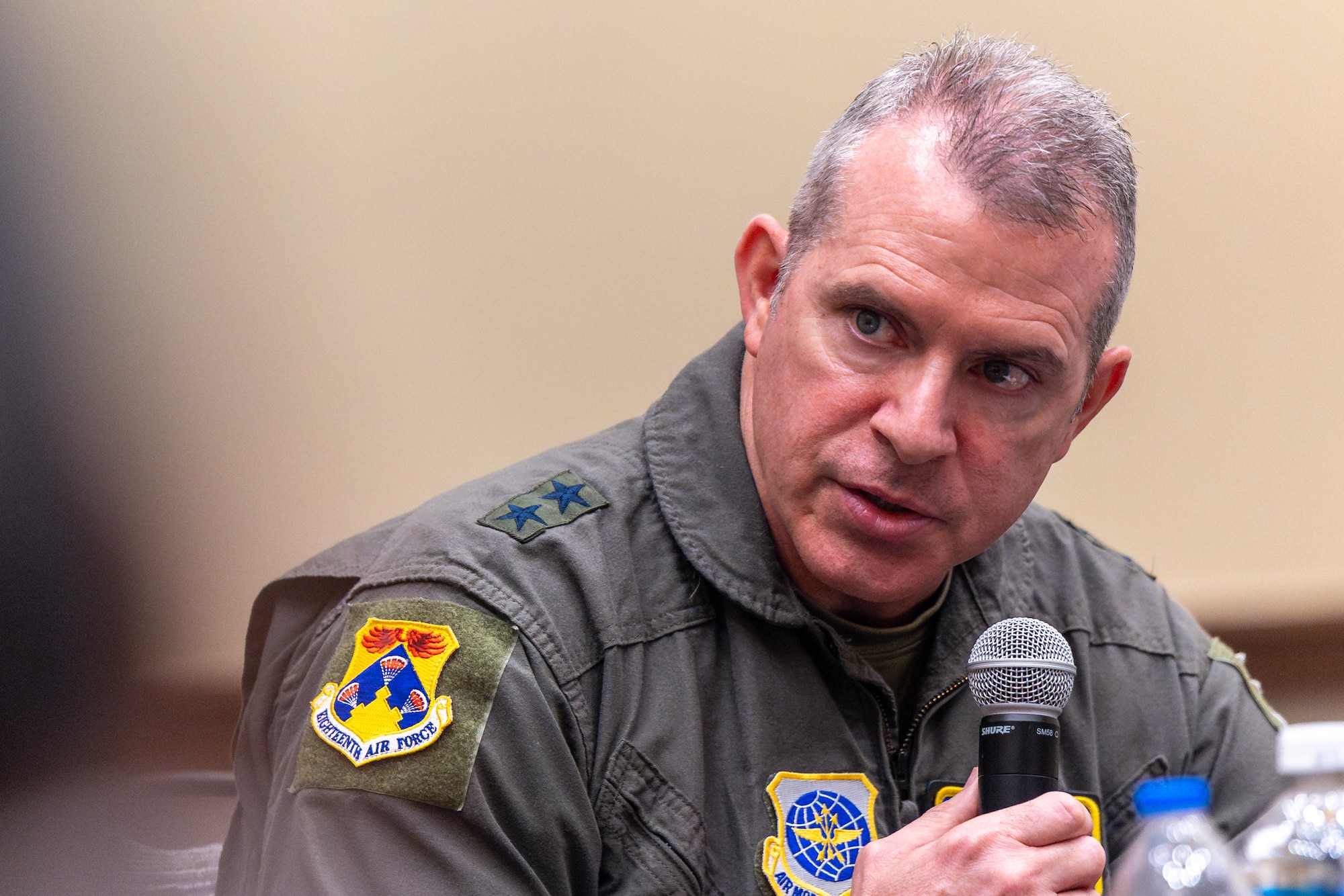 U.S. Air Force Maj. Gen. Charles Bolton, 18th Air Force commander, talks on a panel with other Air Mobility Command leaders during the Fall Industry Preview Oct. 31, 2024, in Grapevine, Texas. Fall Industry Preview provides a platform for industry partners to present AMC leaders potential advancements and solutions, strengthening partnerships to prevail in an era of Great Power Competition. (U.S. Air Force photo by Chris Bishop)