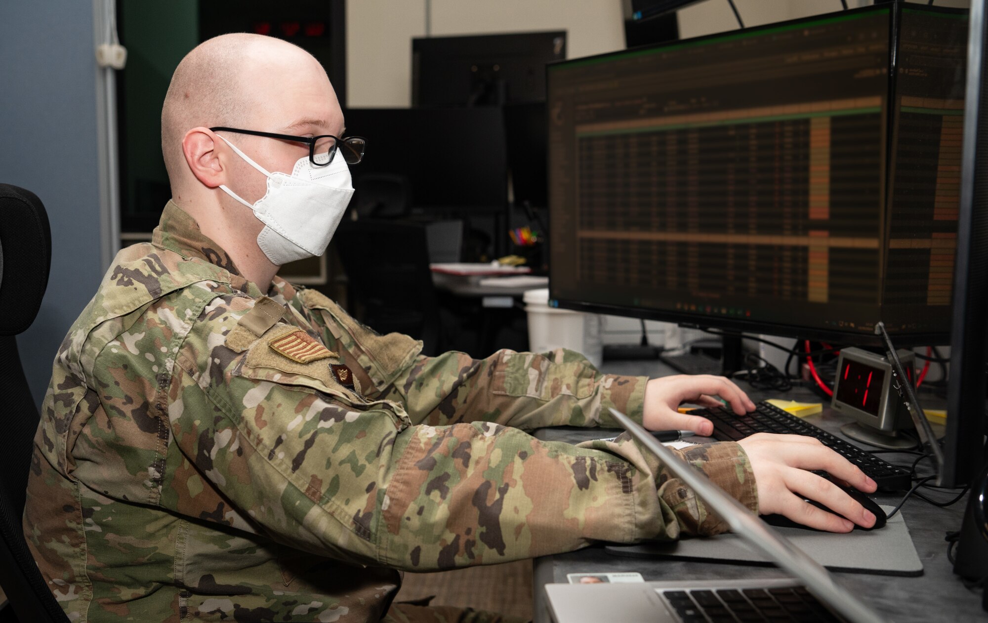 Senior Airman Andrew Vance, 36th Command Post senior emergency actions controller, works on console at the command and control center at Andersen Air Force Base, Guam, Oct. 29, 2024. Command Post upchannels and downchannels information 24/7. Anything from injuries or damage to property, up to force protection conditions changes, or National Security updates that affect the base, Command Post gets both internal and external information and disseminates it accordingly. (U.S. Air Force photo by Staff Sgt. Pedro Tenorio)