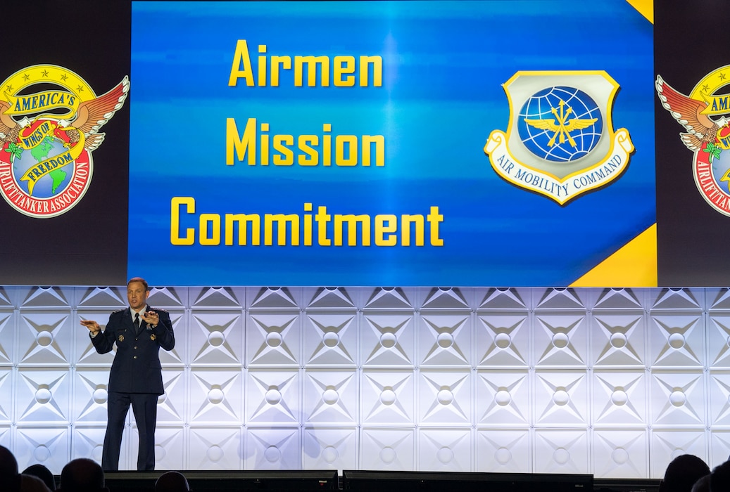 U.S. Air Force Gen. Johnny Lamontagne, Air Mobility Command commander, speaks to nearly 1000 Airmen during the 56th Annual Airlift/Tanker Association Symposium, Oct. 31, 2024, in Grapevine, Texas. Lamontagne kicked off the symposium introducing his commander’s intent and bucketing it into three focus areas: Airmen, mission, and commitment. (U.S. Air Force photo by Staff Sgt. Dalton Williams)