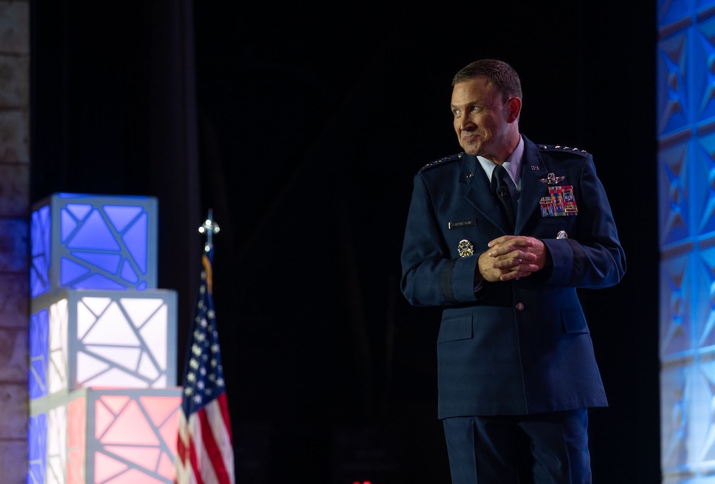 U.S. Air Force Gen. Johnny Lamontagne, Air Mobility Command commander, speaks to nearly 1000 Airmen during the 56th Annual Airlift/Tanker Association Symposium, Oct. 31, 2024, in Grapevine, Texas. Lamontagne kicked off the symposium introducing his commander’s intent and bucketing it into three focus areas: Airmen, mission, and commitment. (U.S. Air Force photo by Staff Sgt. Dalton Williams)