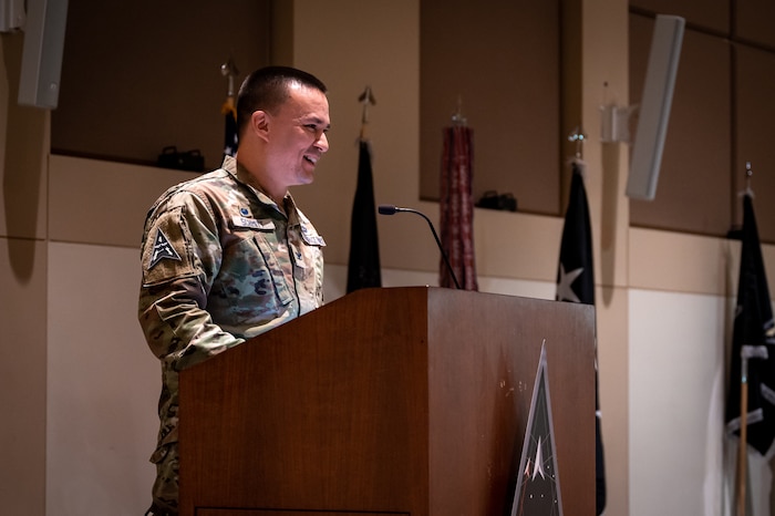 U.S. Space Force Col. Ernest “Bobby” Schmitt, Space Delta 4 commander, delivers remarks during the MD 4 redesignation ceremony, Oct. 30, 2024. Mission Deltas oversee all aspects of mission area functions – people, training, equipment and combat sustainment.