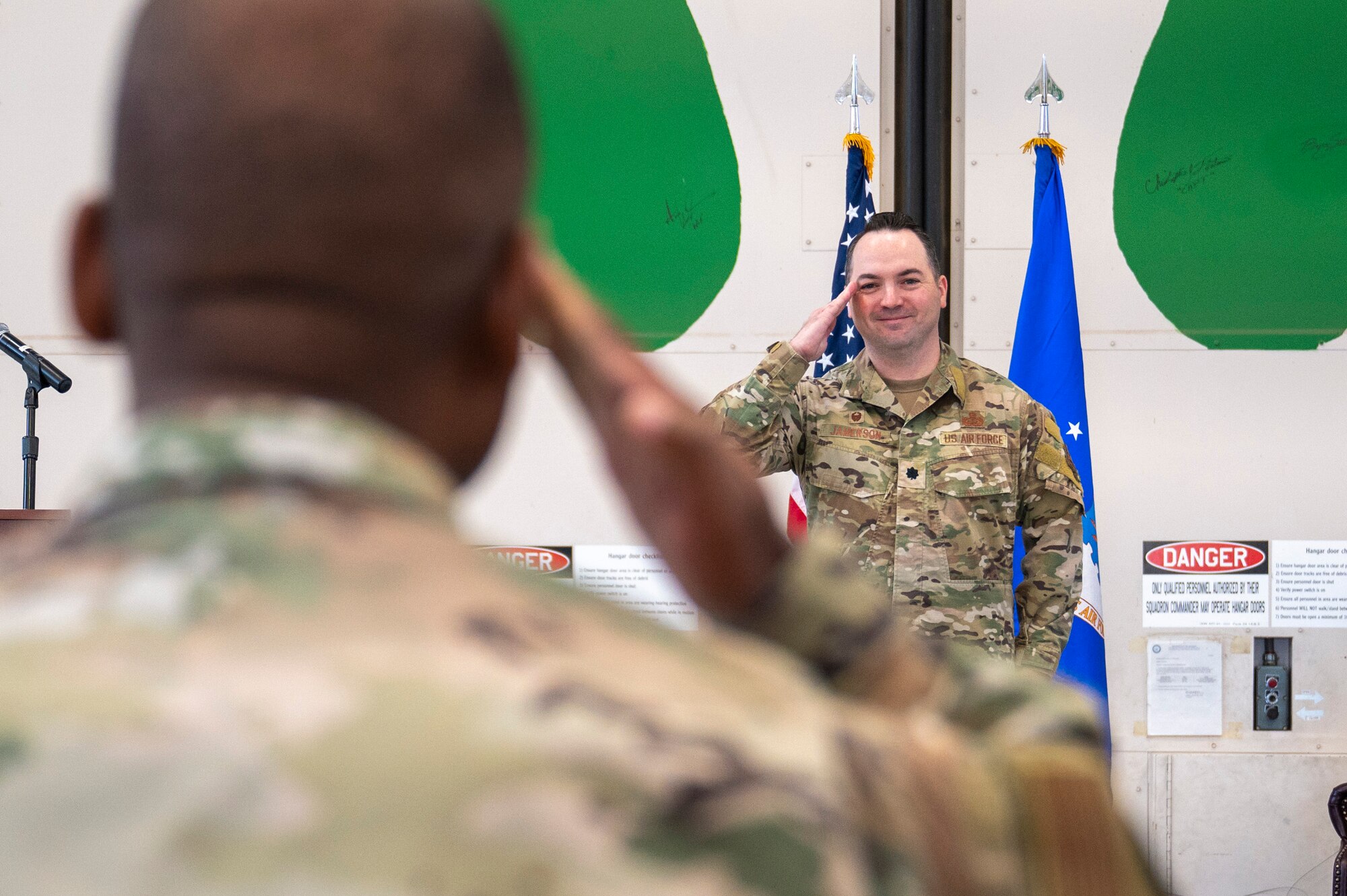 U.S. Air Force Chief Master Sgt. Jerome Clark, 11th Combat Air Base Squadron command chief, renders the first salute at the activation and assumption of command for the 11th Combat Air Base Squadron at Davis-Monthan Air Force Base, Arizona, Oct. 31, 2024. Airmen assigned to the 11th CABS will train, prepare and deploy, delivering combat capabilities to the joint force.