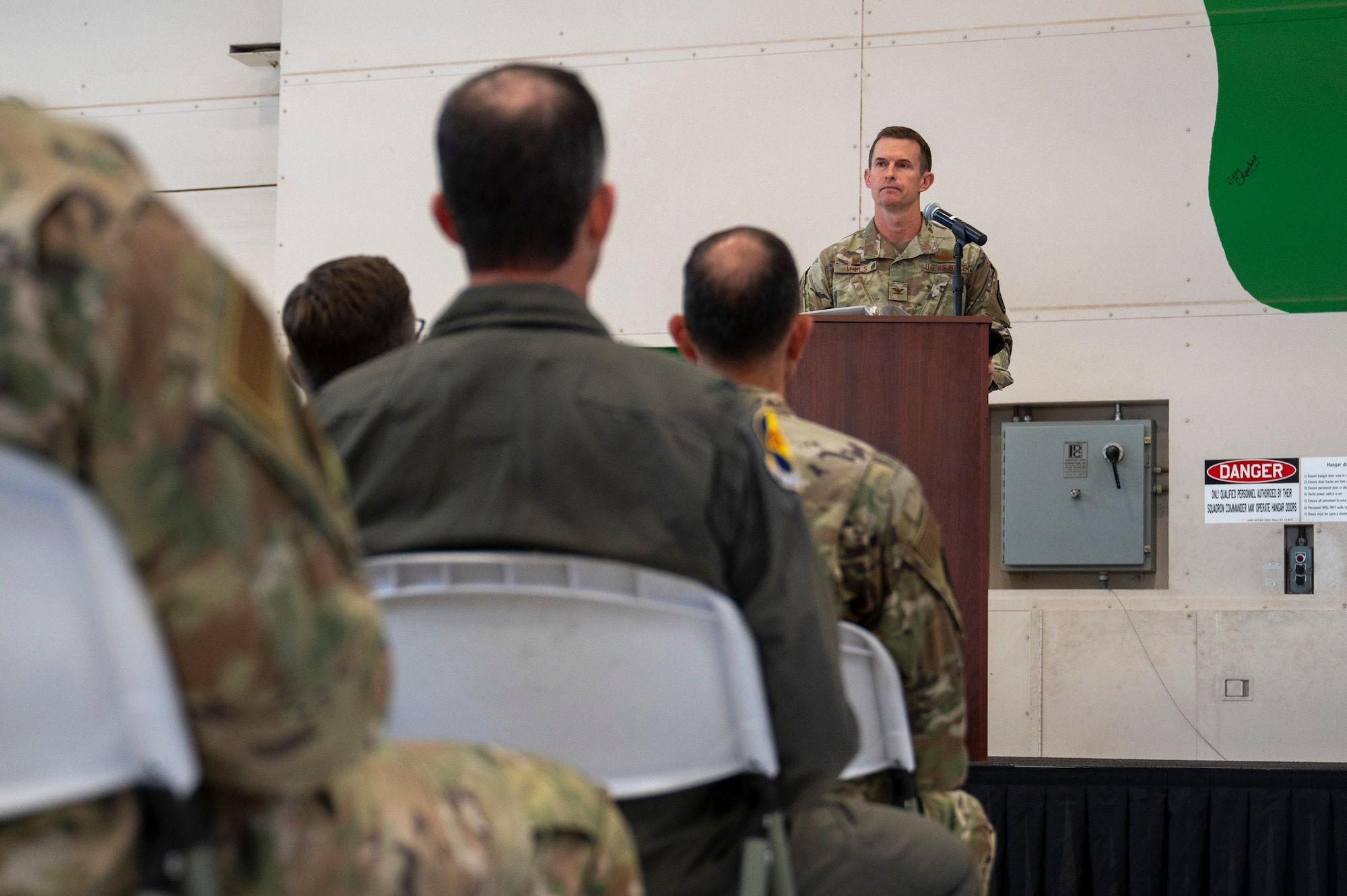 U.S. Air Force Col. Scott Mills, 355th Wing commander, speaks at the activation and assumption of command for the 11th Combat Air Base Squadron at Davis-Monthan Air Force Base, Arizona, Oct. 31, 2024. Mills charged the leaders to teach and train the 11th CABS Airmen to do anything, to go anywhere and always be ready to Rescue and Attack. (U.S. Air Force photo by Senior Airman Devlin Bishop)
