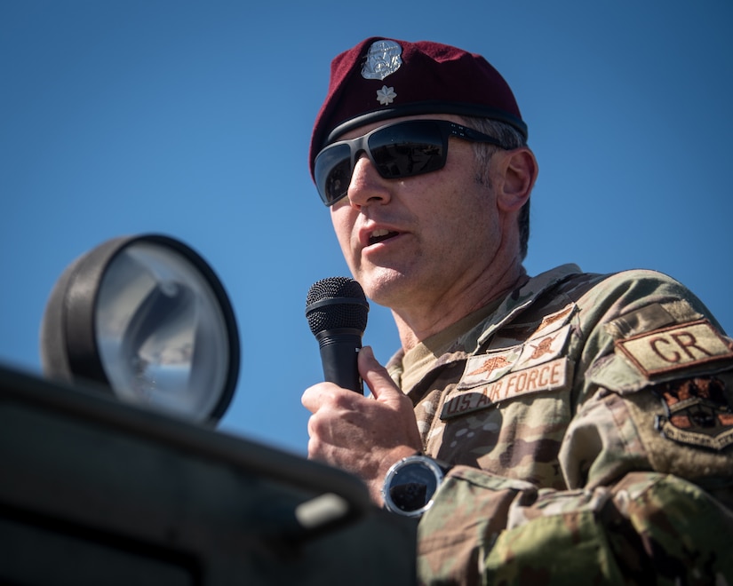 Lt. Col. Aaron Zamora, incoming commander of the Kentucky Air National Guard’s 123rd Contingency Response Group, speaks during a change-of-command ceremony at Amedee Army Airfield, Calif., Aug. 26, 2024. The ceremony took place at the end of a week-long exercise that tested the 123rd CRG’s capability to conduct a Joint Task Force-Port Opening, an operation designed to safely and effectively distribute cargo and supplies to austere areas affected by catastrophic events or conflict. (U.S. Air National Guard photo by Master Sgt. Joshua Horton)