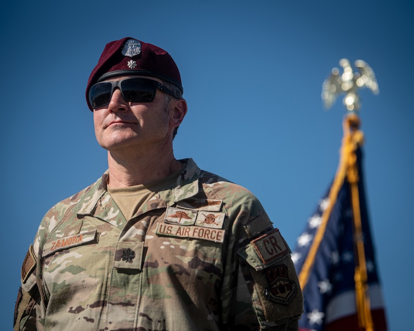 Lt. Col. Aaron Zamora is recognized as the new commander of the Kentucky Air National Guard’s 123rd Contingency Response Group during a change-of-command ceremony at Amedee Army Airfield, Calif., Aug. 26, 2024. The ceremony took place at the end of a week-long exercise that tested the 123rd CRG’s capability to conduct a Joint Task Force-Port Opening, an operation designed to safely and effectively distribute cargo and supplies to austere areas affected by catastrophic events or conflict. (U.S. Air National Guard photo by Master Sgt. Joshua Horton)