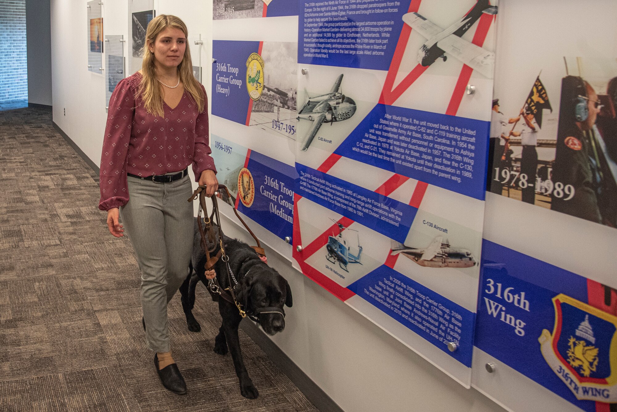 Charlie, Meaghan M. Kacmarcik’s service dog, guides her through the Jones Building at Joint Base Andrews, Md., Oct. 24, 2024. Kacmarcik, who has been the 316th Wing deputy historian since January 2024, was diagnosed with Stargardt disease when she was 10 years old, and it has left her with vision impairment to this day. (U.S. Air Force photo by Patrick Griffith)