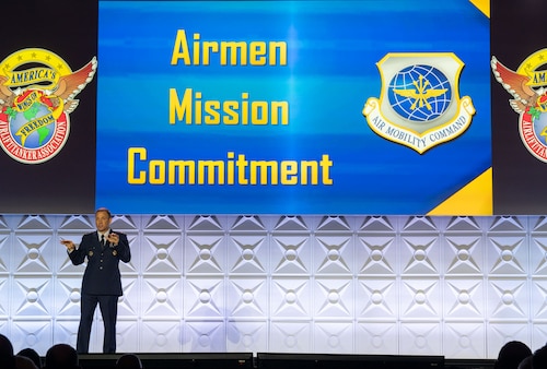 U.S. Air Force Gen. Johnny Lamontagne, Air Mobility Command commander, speaks to nearly 1000 Airmen during the 56th Annual Airlift/Tanker Association Symposium, Oct. 31, 2024, in Grapevine, Texas. Lamontagne kicked off the symposium introducing his commander’s intent and bucketing it into three focus areas: Airmen, mission, and commitment. (U.S. Air Force photo by Staff Sgt. Dalton Williams)