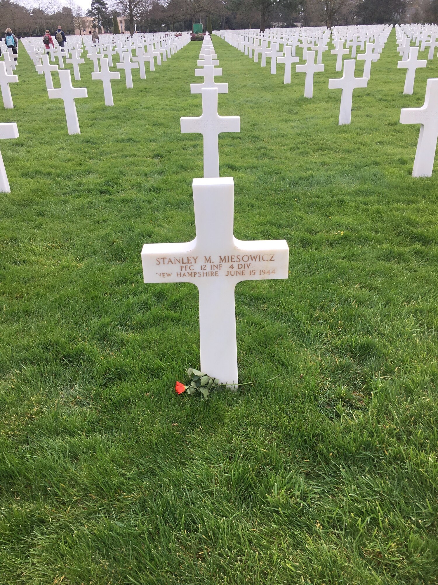 A cross displayed for Army Pfc. Stanley M. Miesowicz’s grave in the Normandy American Cemetery and Memorial in France on March 12, 2019. As part of a college course, Meaghan M. Kacmarcik, 316th Wing deputy historian, wrote a biography on Miesowicz and read a eulogy at his grave, a project that gave her strength during a challenging period of her life. (Courtesy photo)